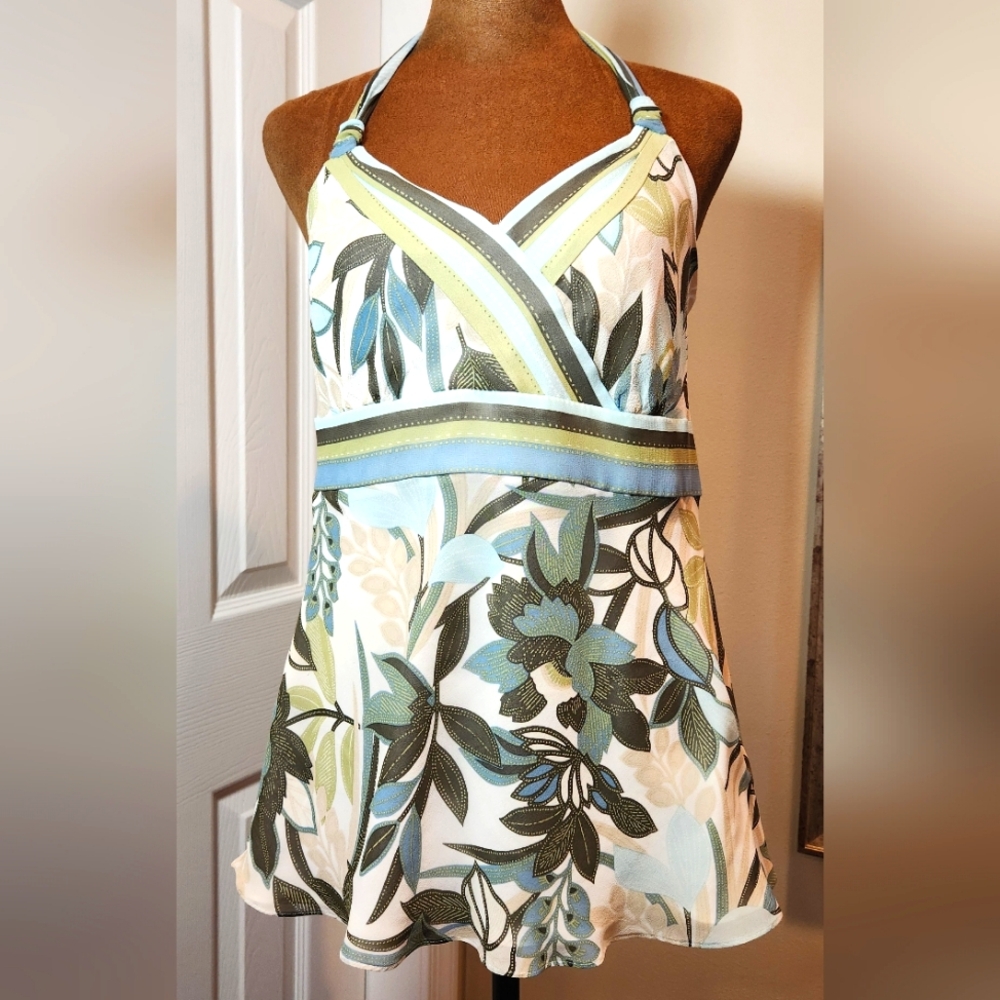 Ann Taylor Floral Halter Top with Blue and Green Accents 100% Silk Sz 8